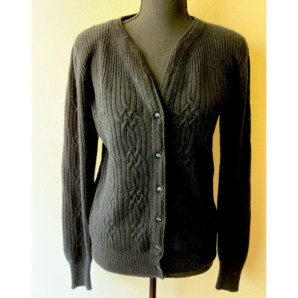 Vintage '80s David Hollis Black Angora Blend Cable Rib Knit Cardigan Sweater S/M